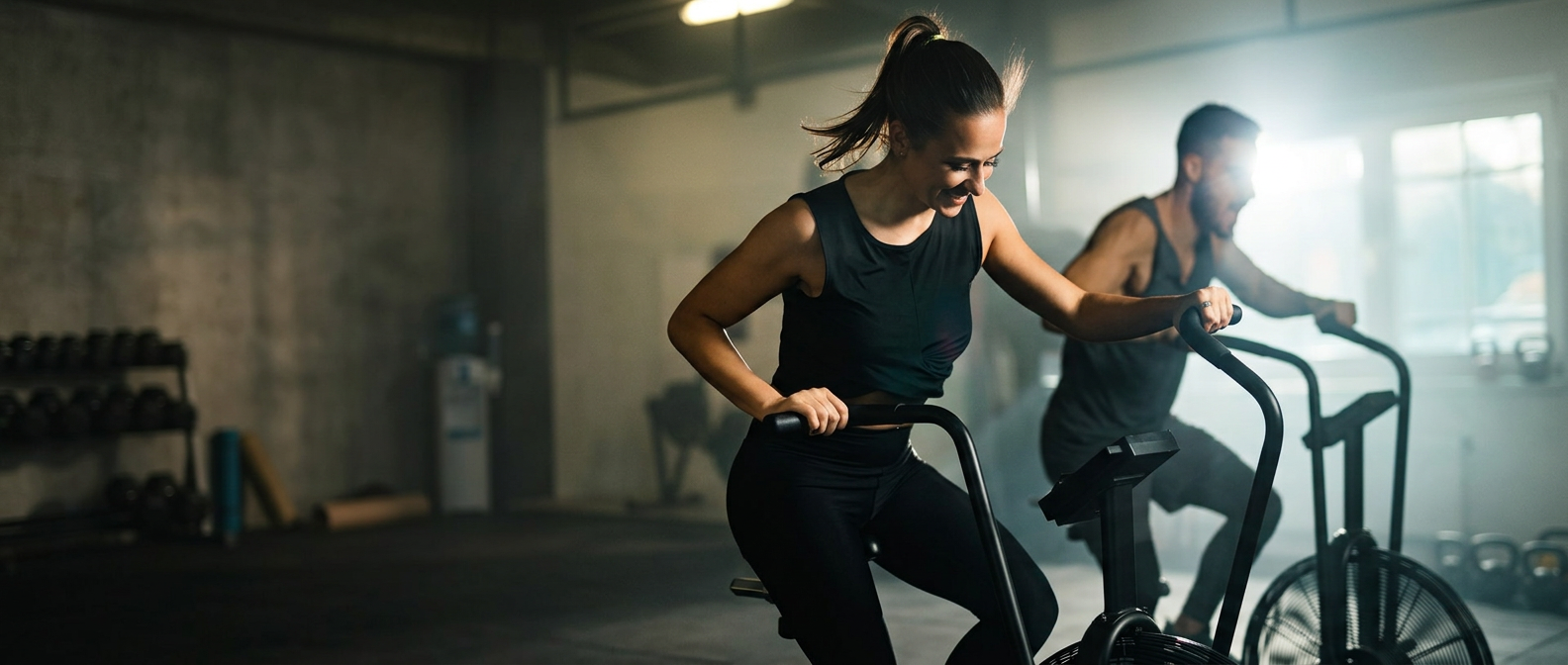 Gemeinsames Training auf dem Fahrrad im Fitnessstudio